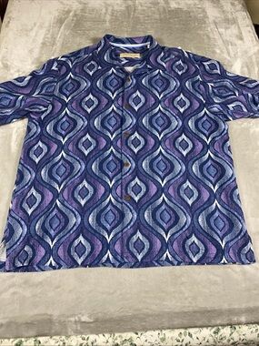 Tommy Bahama men XL Silk Shirt Blue Purple Hawaiian Button Up Retro Abstract